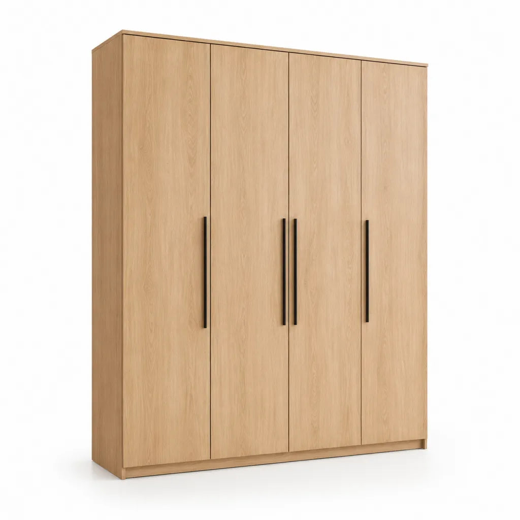 Kleiderschrank 4-turig aus Spanplatte rechteckig Eiche hell 200 x 220 x 60 cm