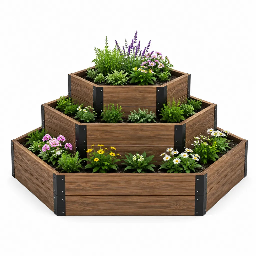3-stufiges achteckiges Hochbeet 120 x 120 x 60 cm aus WPC Braun Schwarz