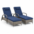 2er Set Gartenliegen verstellbar mit Armlehnen und Polyester-Auflagen 195 x 60 x 31 cm PE-Rattan Stahl rechteckig Grau Dunkelblau