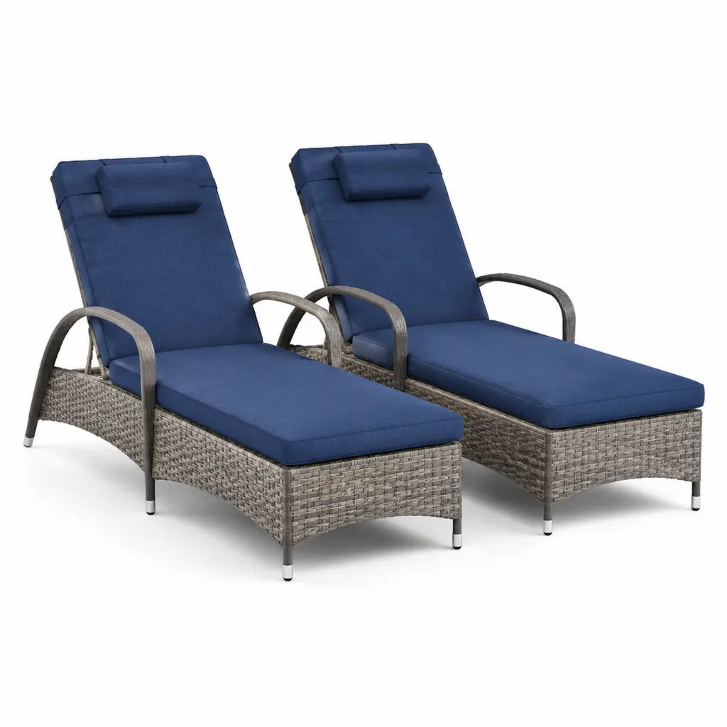 2er Set Gartenliegen verstellbar mit Armlehnen und Polyester-Auflagen 195 x 60 x 31 cm PE-Rattan Stahl rechteckig Grau Dunkelblau