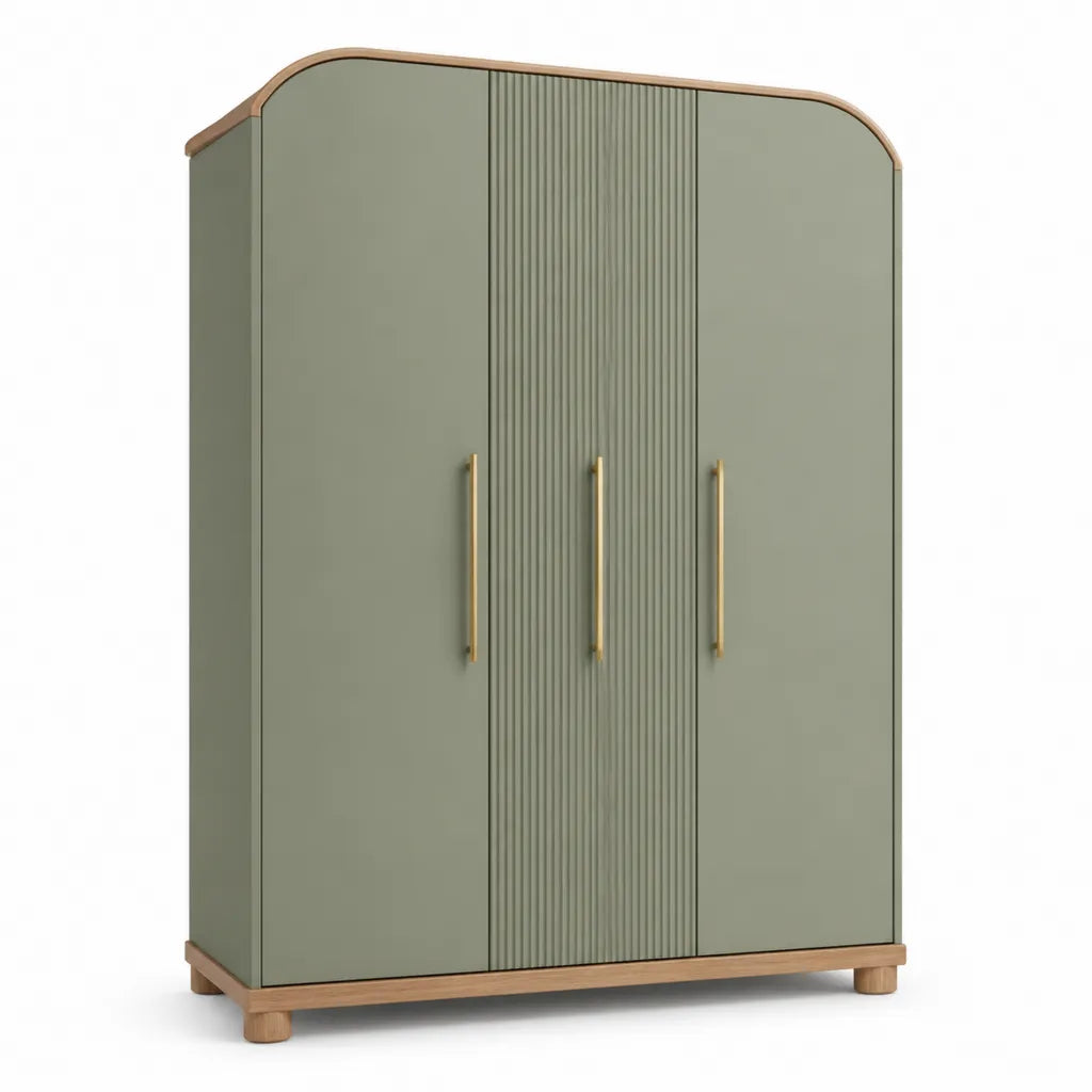 Kleiderschrank 3 Turen aus MDF mit geriffelter Front Salbeigrun Natur 120 x 60 x 200 cm