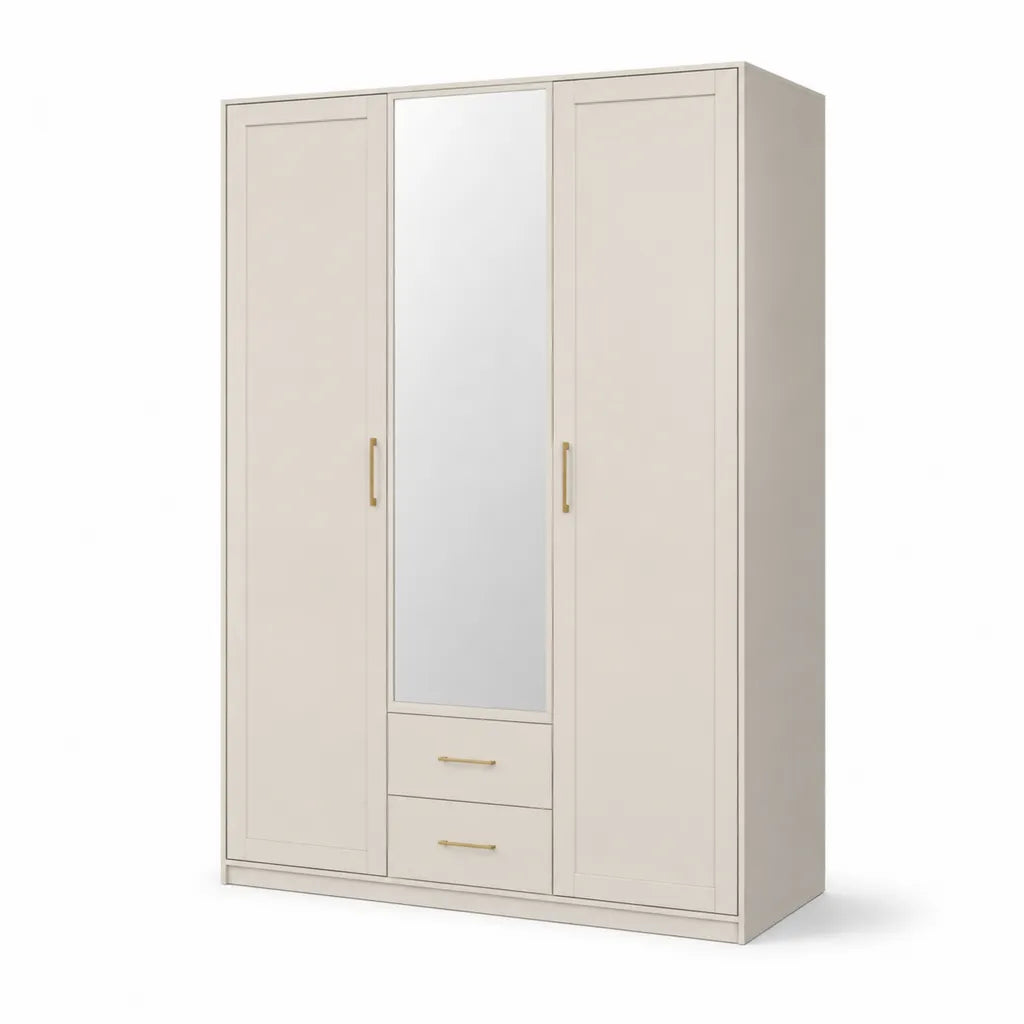 Dreituriger Kleiderschrank mit Spiegel und 2 Schubladen aus melaminharzbeschichteter Spanplatte rechteckig cremeweiss 120 x 52 x 190 cm